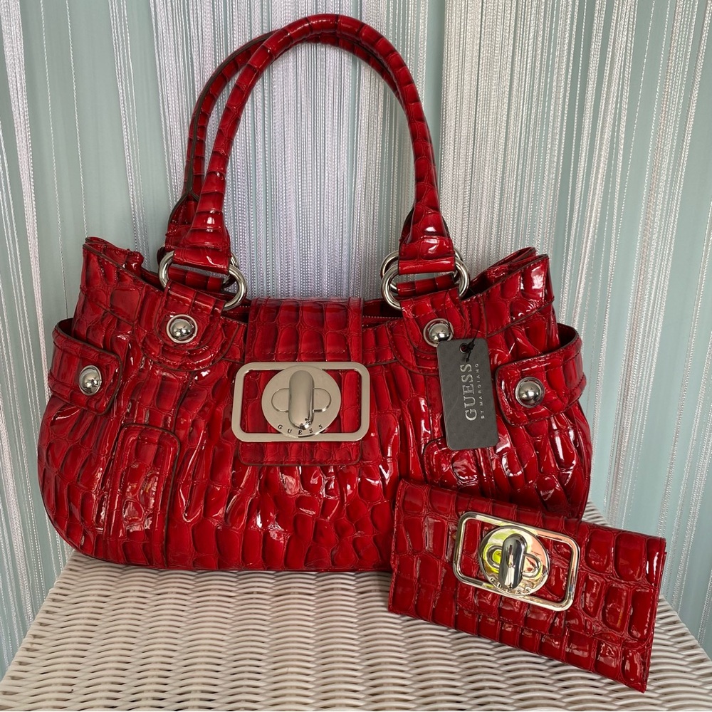 Rare Red Guess Patent Shoulder Bag and Matching Wallet Set NWT
